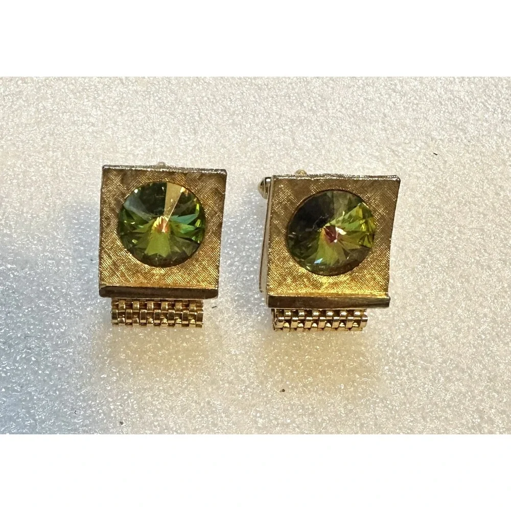 Vintage Watermelon Rivoli Glass Stone‎ Mesh Wrap Around Cuff Links